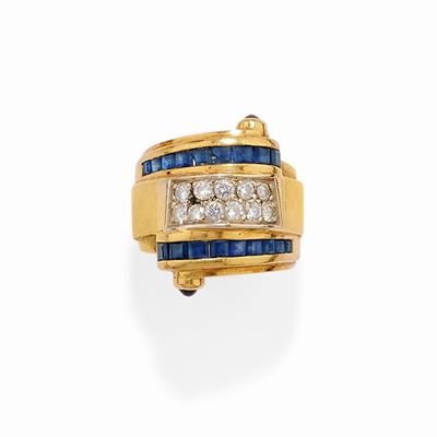 Anello con zaffiri e diamanti, oro bicolore 18k