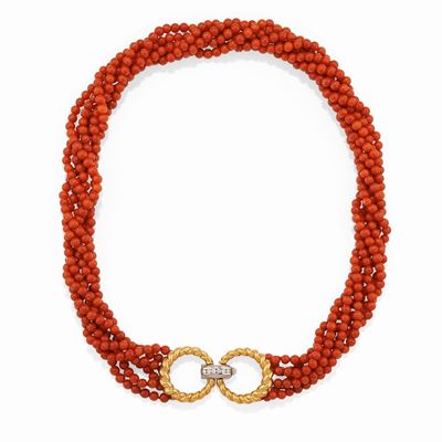 Collana in oro bicolore 18k con corallo rosso e diamanti