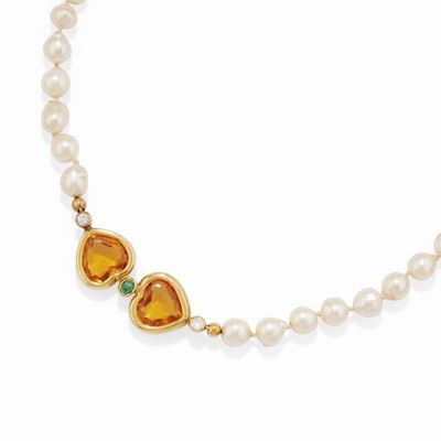Collana in oro giallo 18k con perle coltivate e gemme preziose