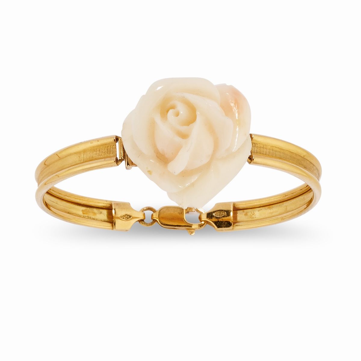 Collana e bracciale in oro giallo 18k con corallo bianco scolpito