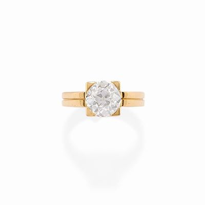Anello in oro giallo 18k con diamante taglio vecchio, circa 2,00 ct