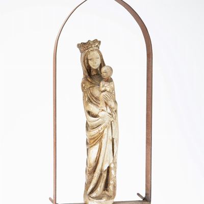 Scultura in Legno Raffigurante Madonna con Bambino. Secolo XVIII