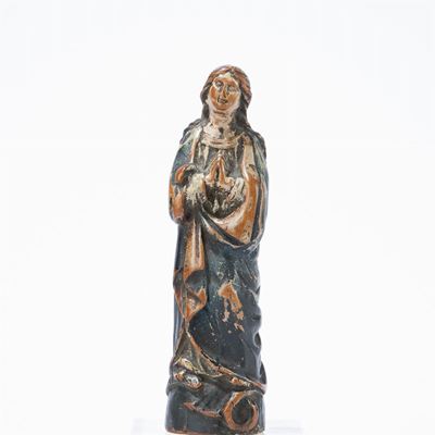 Antica Scultura in Legno Intagliato e Policromo Raffigurante Madonna Orante. Manifattura Portoghe...