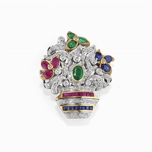 A 18K two-color gold, diamond, ruby, sapphire and emerald brooch-pendant