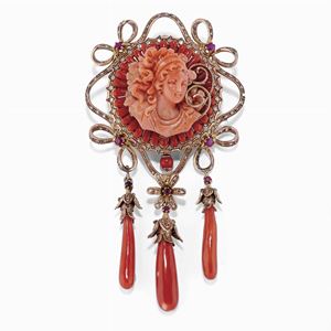 Spilla pendente in corallo, rubini e diamanti