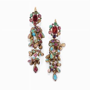 A 18K gold and colored gemstones pendant earrings, early 20th Century