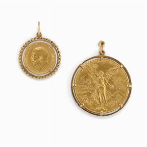 Two gold coins, 50 Mexican Pesos, British pound George V