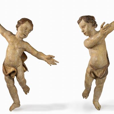 Coppia di Grandi Putti in Legno Laccato, Secolo XVII