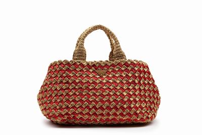 Borsa shopper in rafia bicolore rossa e oro