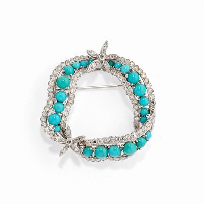 Spilla in oro bianco 18K con turchesi e diamanti