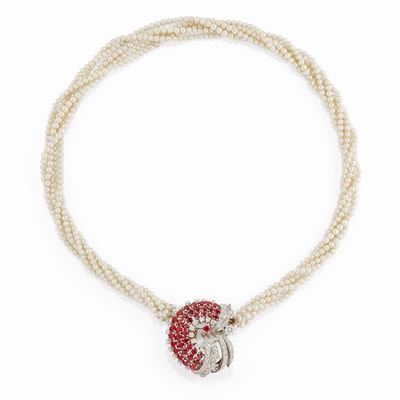 Collana in oro bianco 18k con perle coltivate, rubini e diamanti