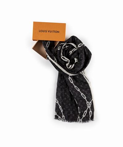Grand foulard, cachemire e seta con monogramma in grigio scuro e bianco