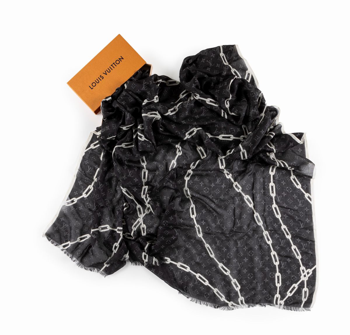 Louis Vuitton - Grand foulard, cachemire e seta con monogramma in grigio scuro e bianco