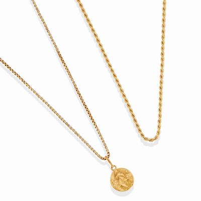 Due collane, oro giallo 18k, peso 14,95 g, lunghezza 40,00-44,00 cm