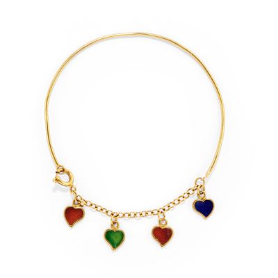 Bracciale in oro giallo 18k con pendenti smaltati a forma di cuore