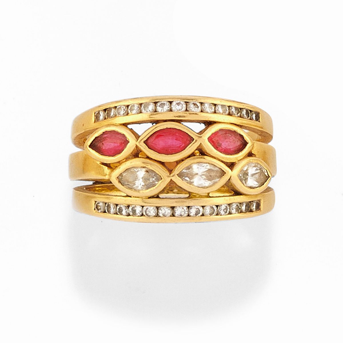 Anelli in oro giallo 18k, vari formati e decorazioni con turchese, rubini, zaffiri e diamanti