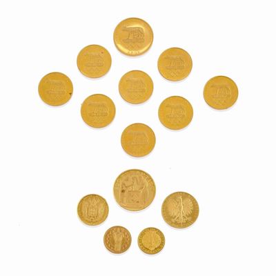 Quattordici medaglie commemorative, oro giallo 900, peso 147,95 g