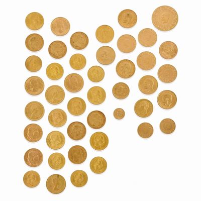 Lotto di 45 monete in oro, oro giallo alto titolo, peso totale 253,75 g