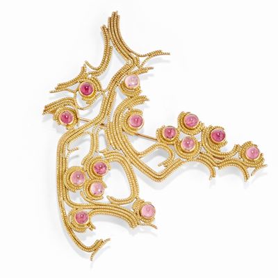 Spilla in oro giallo 18k con pietre rosa cabochon