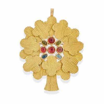 Pendente spilla a forma di albero in oro giallo 18k con pietre di colore