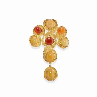 Pendente spilla in oro giallo 18k con pietre colorate