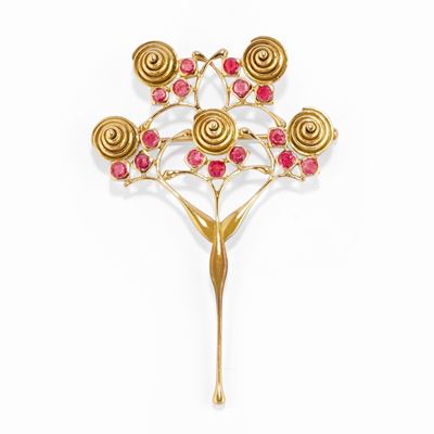 Spilla in oro giallo 18k con pietre rosse