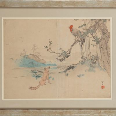 Stampa Raffigurante Paesaggio con Lupo e Gallo, Giappone, Secolo XX