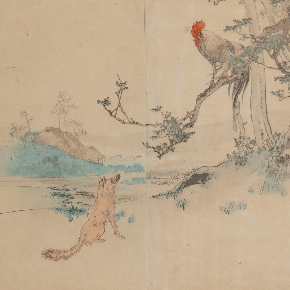 Stampa Raffigurante Paesaggio con Lupo e Gallo, Giappone, Secolo XX