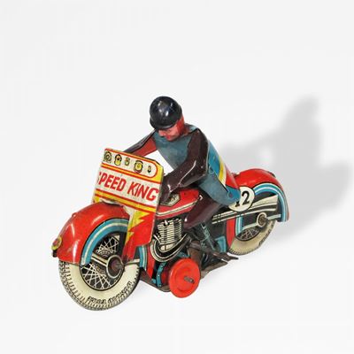 Giocattolo vintage, Moto Speed King in latta litografata con pilota in gomma, 1950