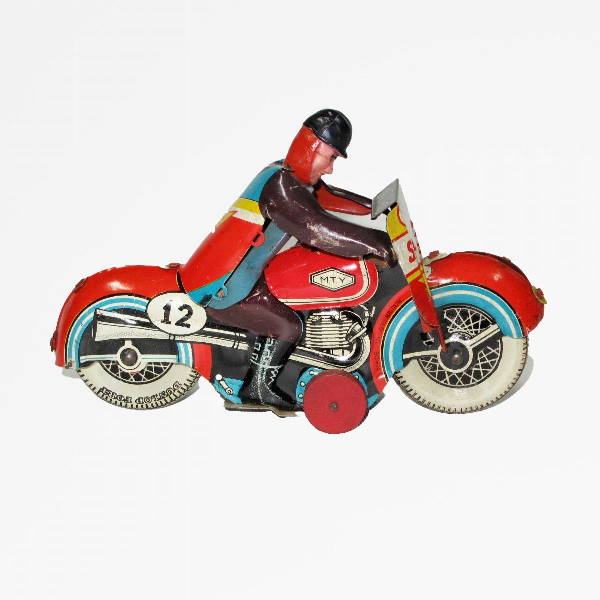 Mettoy - Giocattolo vintage, Moto Speed King in latta litografata con pilota in gomma, 1950