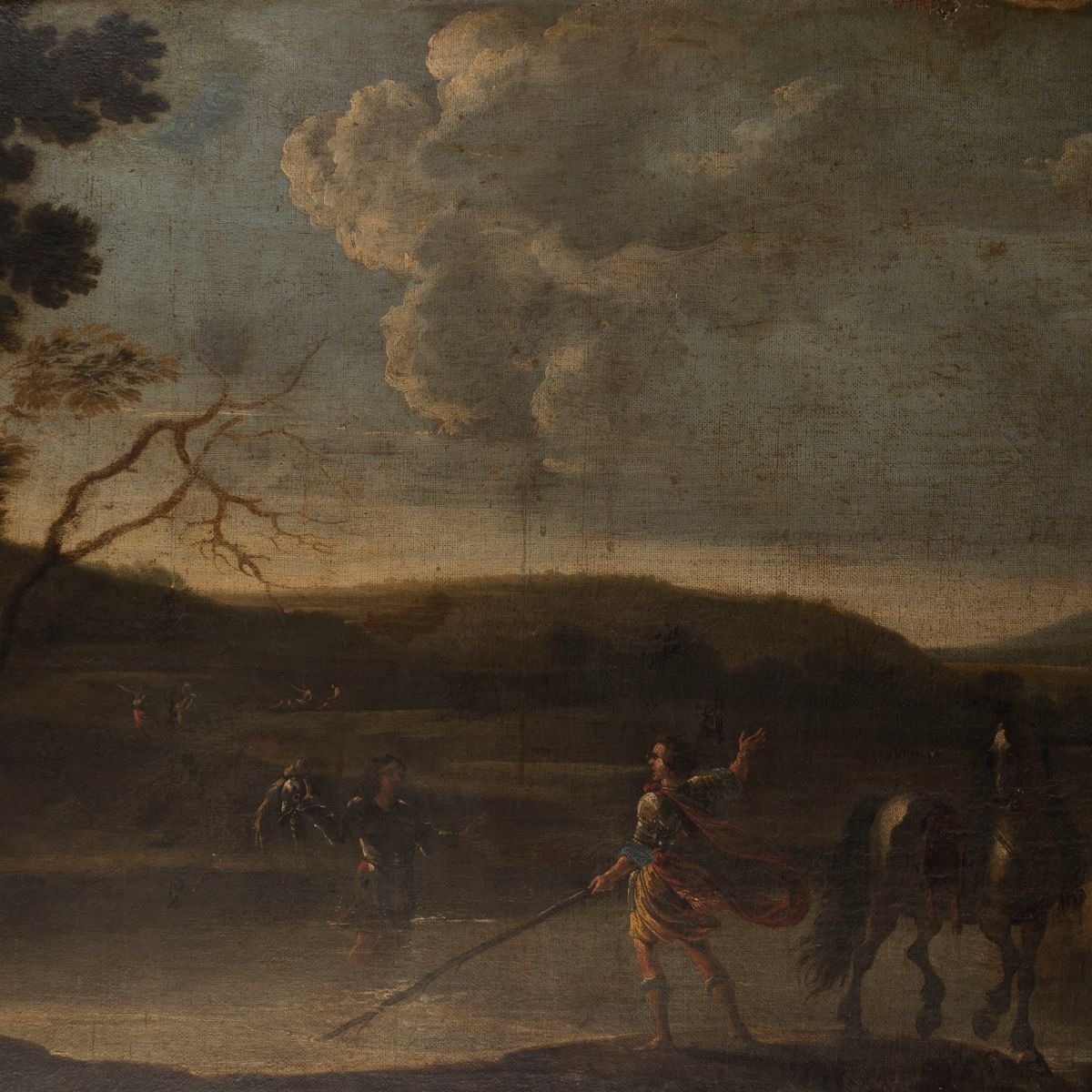 Scuola Italiana, Secolo XVII - Paesaggio Fluviale con Due Soldati in Primo Piano