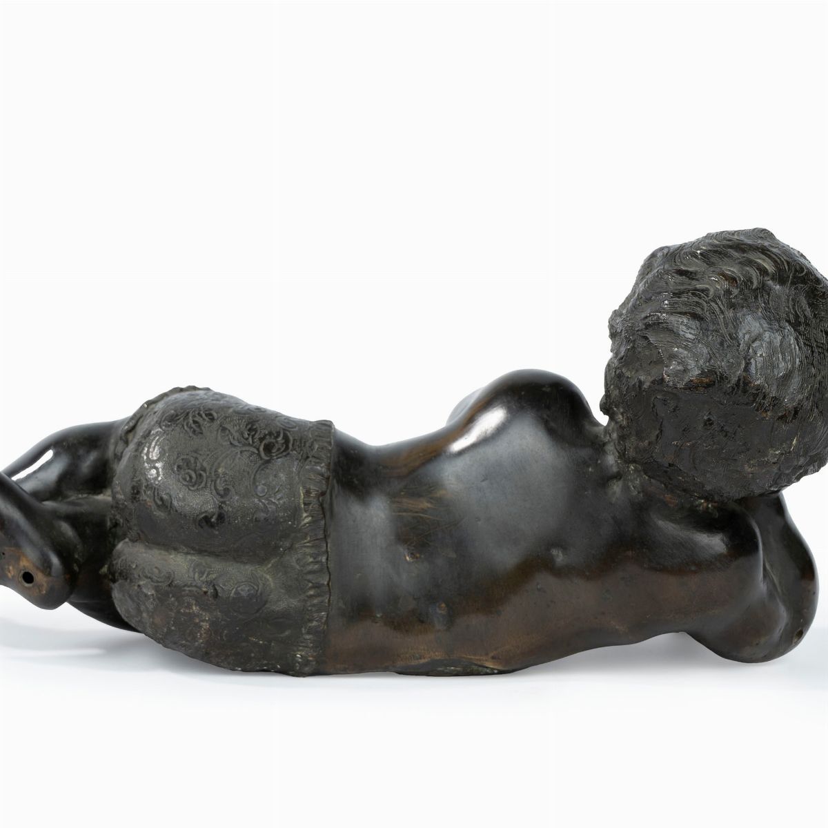 Scultura in Bronzo Raffigurante Putto Sdraiato con Colomba, Secolo XIX