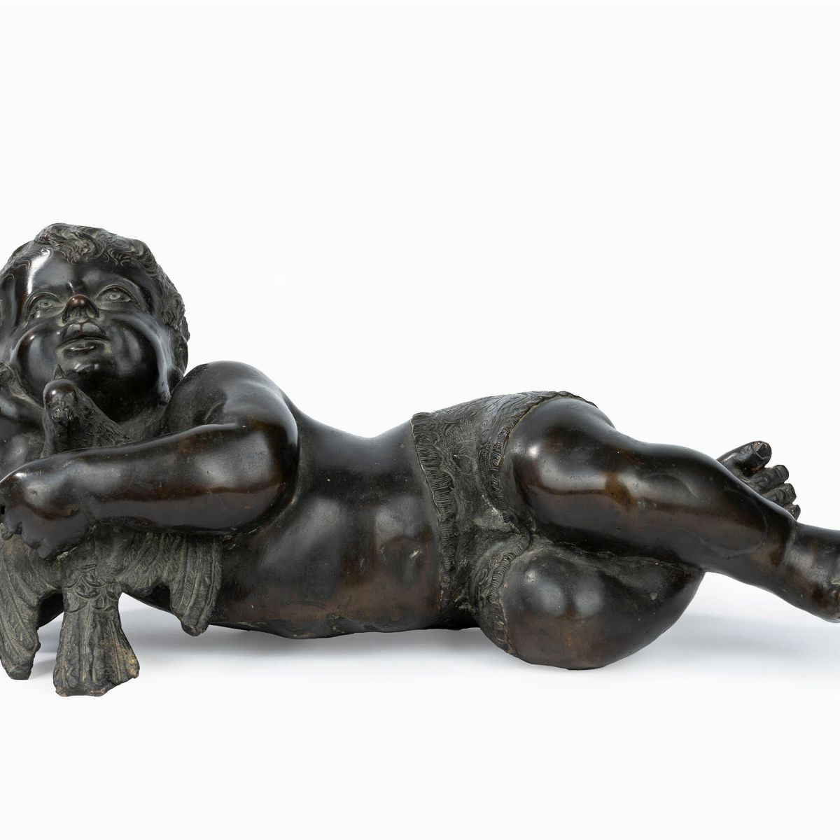 Scultura in Bronzo Raffigurante Putto Sdraiato con Colomba, Secolo XIX