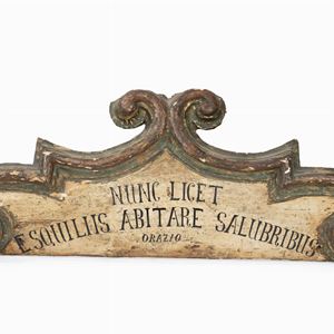 Frieze in carved and lacquered wood with Latin inscription, 19th century