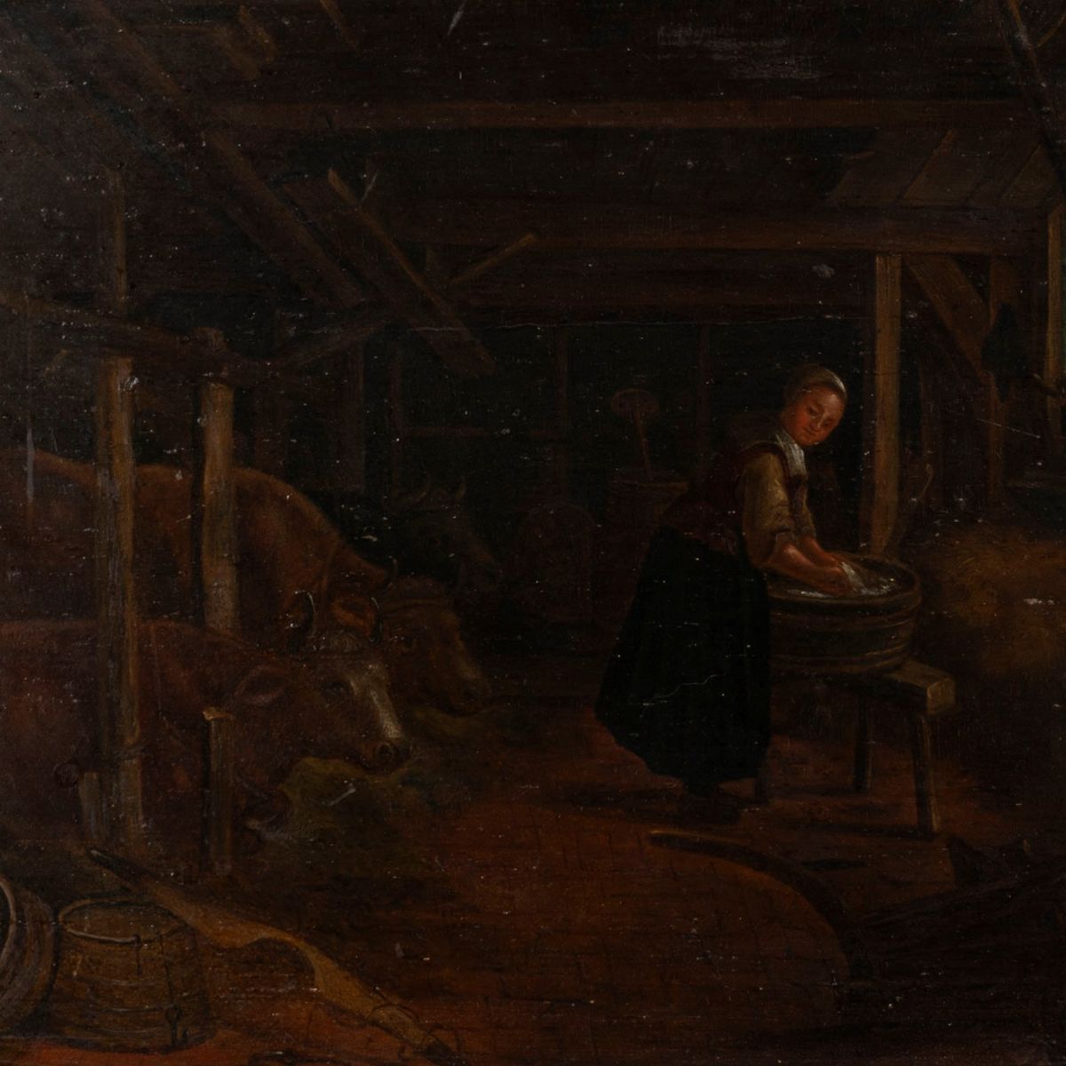 Maniera di David Teniers - Stalla con Contadina