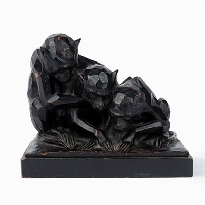 Scultura in Terracotta a Patina Nera Raffigurante Tre Scimmie, Secolo XX