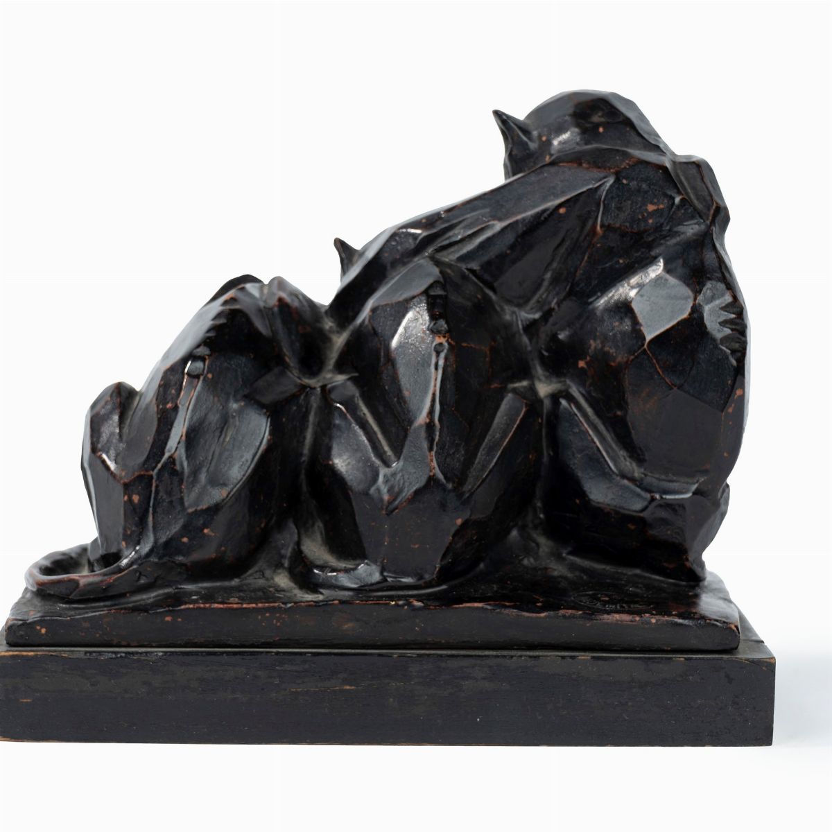 Guido Cacciapuoti - Scultura in Terracotta a Patina Nera Raffigurante Tre Scimmie, Secolo XX