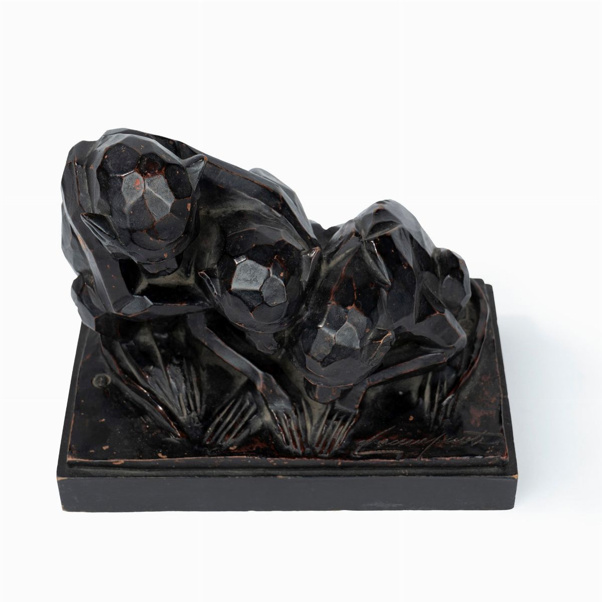 Guido Cacciapuoti - Scultura in Terracotta a Patina Nera Raffigurante Tre Scimmie, Secolo XX