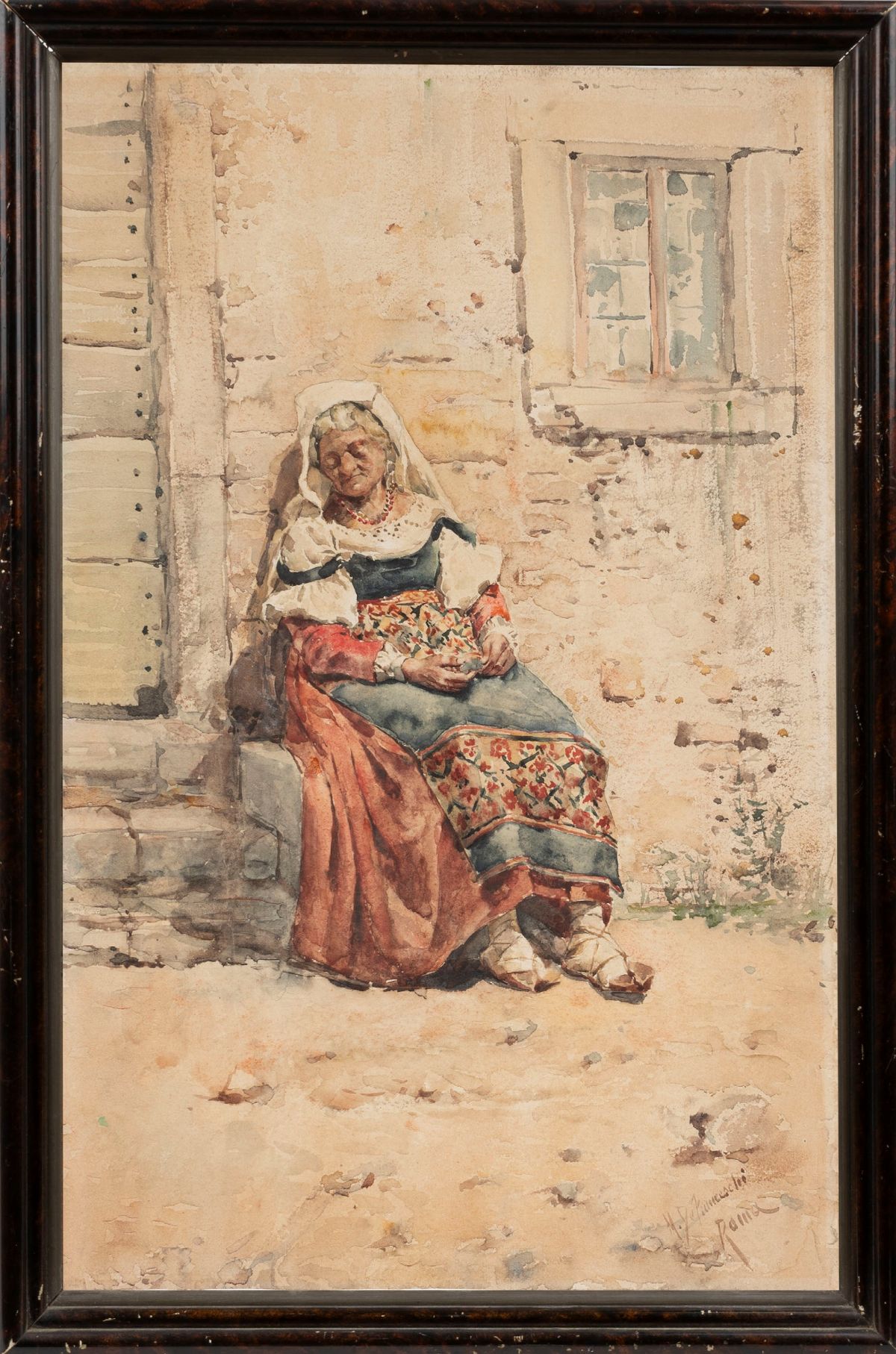 Mariano De Franceschi - Vecchia ciociara assopita, acquerello su cartoncino