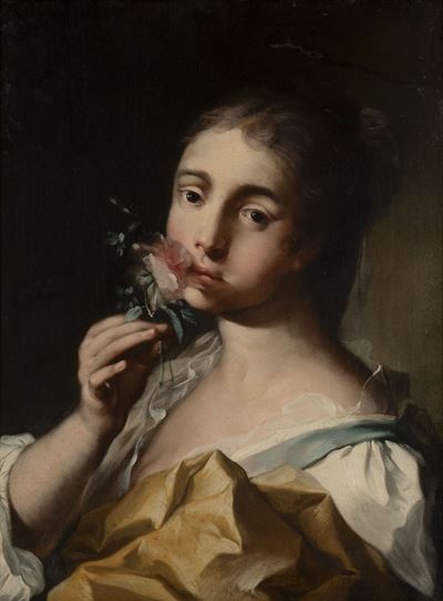 Anonimo, Ritratto di ragazza con rosa in mano, olio su tela