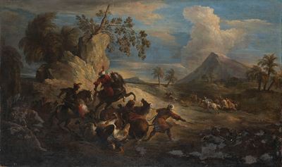 Caccia al leone, olio su tela