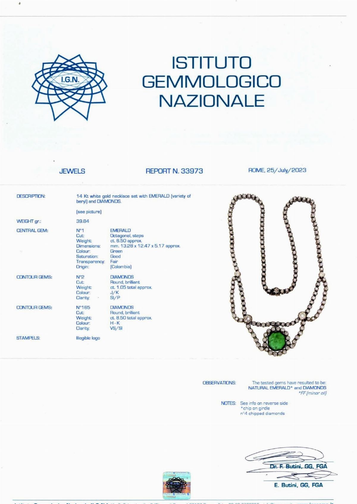 Collana con smeraldo colombiano, oro bianco 14k e diamanti