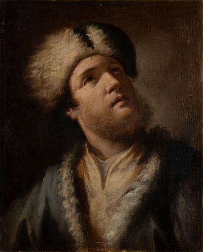Autore sconosciuto, Giovane uomo a mezzo busto con cappello di pelliccia e marsina azzurra, olio ...