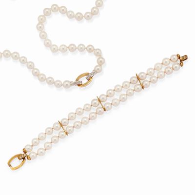 Demi parure in oro bicolore 18k con perle coltivate e diamanti