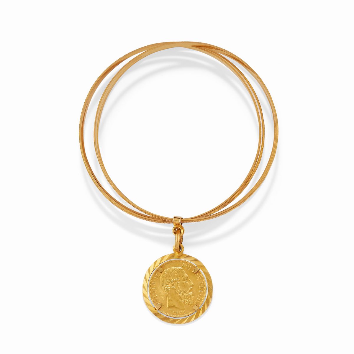 Bracciale rigido in oro giallo 18k con pendente marengo belga e portachiavi