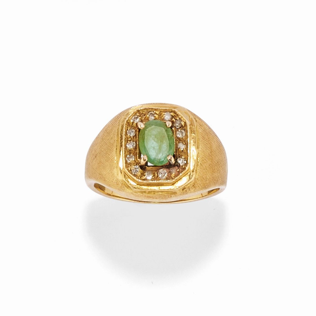 Collana, bracciale e anello in oro giallo 18k con pietra verde e diamanti