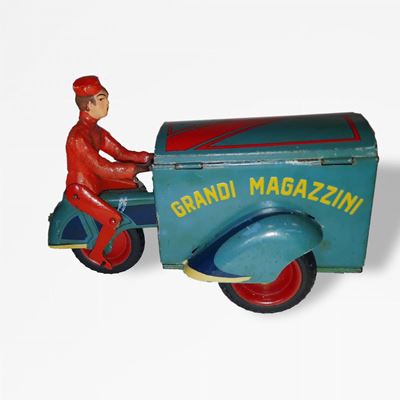 Grandi Magazzini, giocattolo in latta litografata con personaggio in pasta, 1935