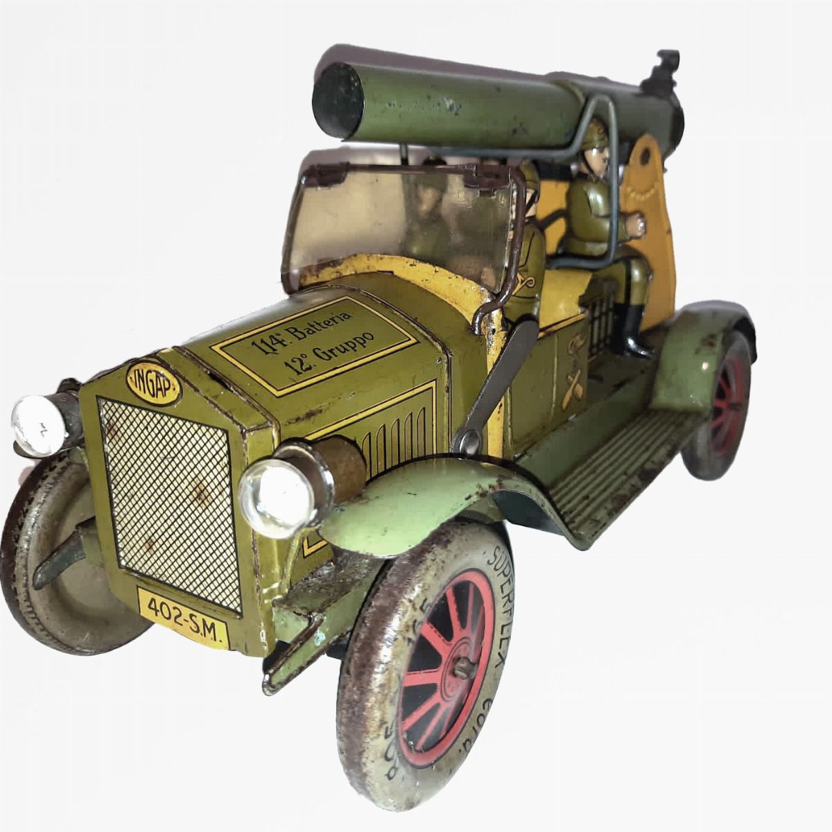 Ingap - Autocarro militare con cannone, latta litografata, carica a molla, 1938