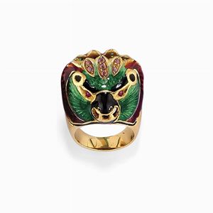 A 18K yellow gold, enamel and color gems ring