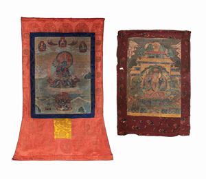 TWO SILK THANGKAS